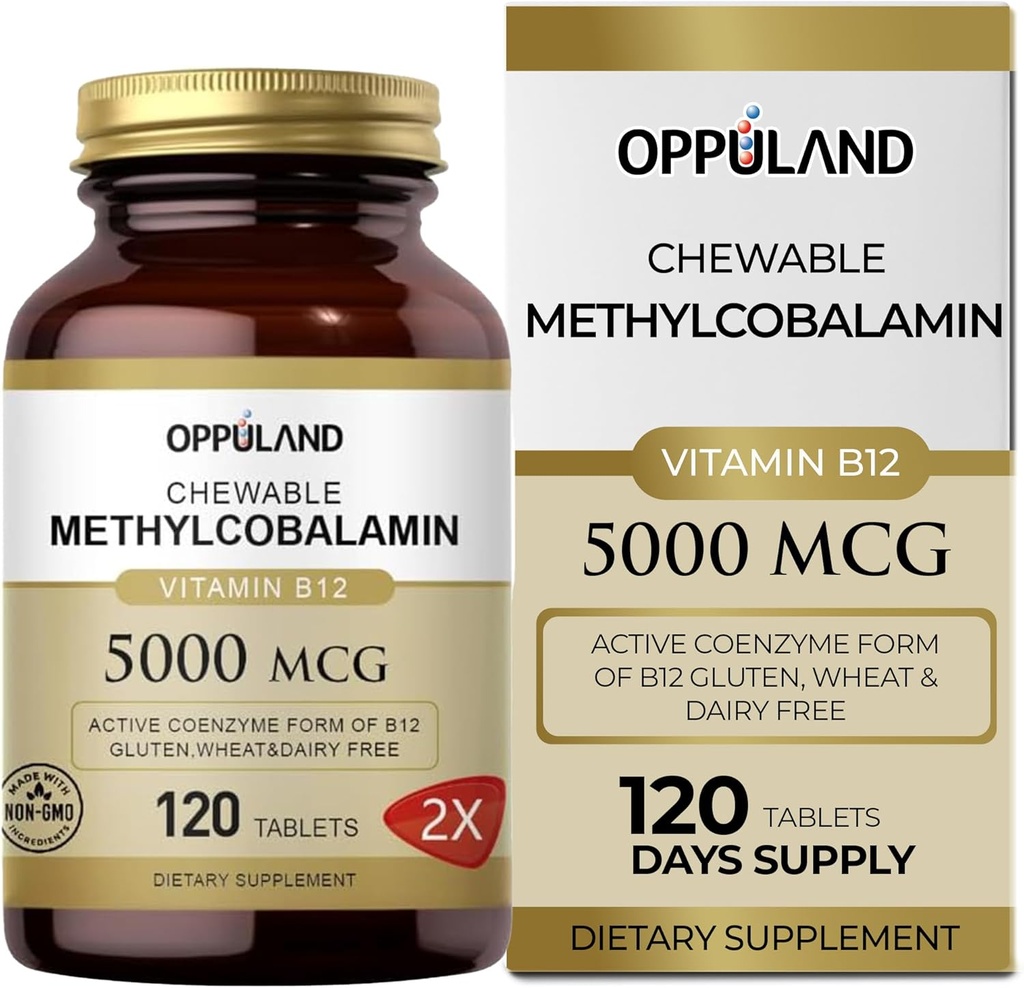 Methyl B-12 5000mcg Chewable with Folate - Vitamine B12 Methylcobalamine Comprimés sublinguals - Soutienne l'énergie et la fonction cérébrale - Supplément végétalien - Arôme orange - 120 Compte