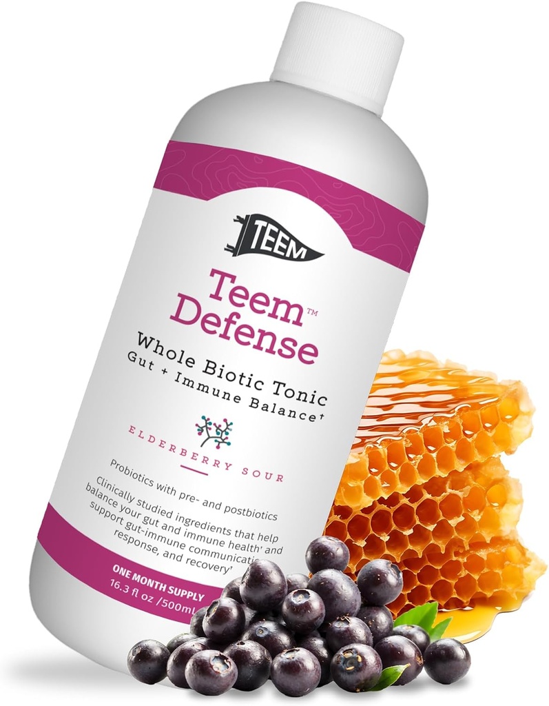 Teem Defense Liquid Probiotic with Elderberry, Whole Biotic Tonic for Digestion & Immunity, Prebiotic Probiotic & Postbiotic Supplement for Kids and Adults, 30 Day Supply – 16.3 Fl.Oz