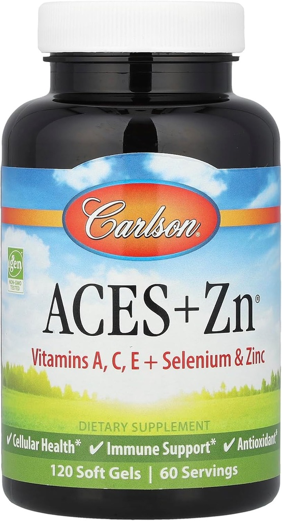 Carlson - ACES + Zn, Vitamines A, C, E + Sélénium et zinc, Santé cellulaire et soutien immunitaire, Antioxydant, 120 Softgels