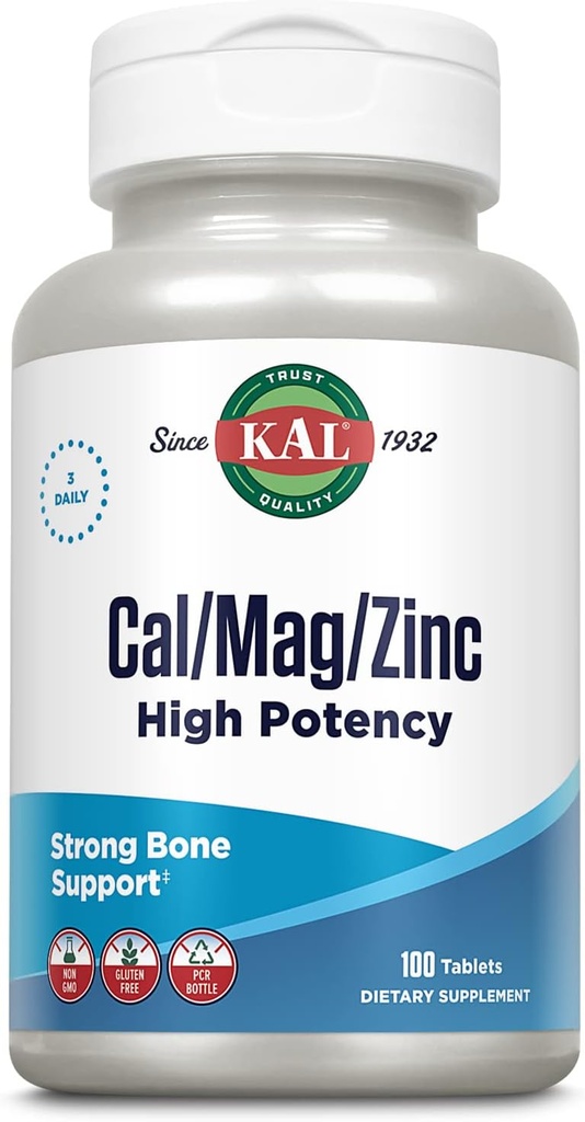 KAL Cal/Mag/Zinc. 1000mg Calcium, 400mg Magnésium et 15mg Zinc.
