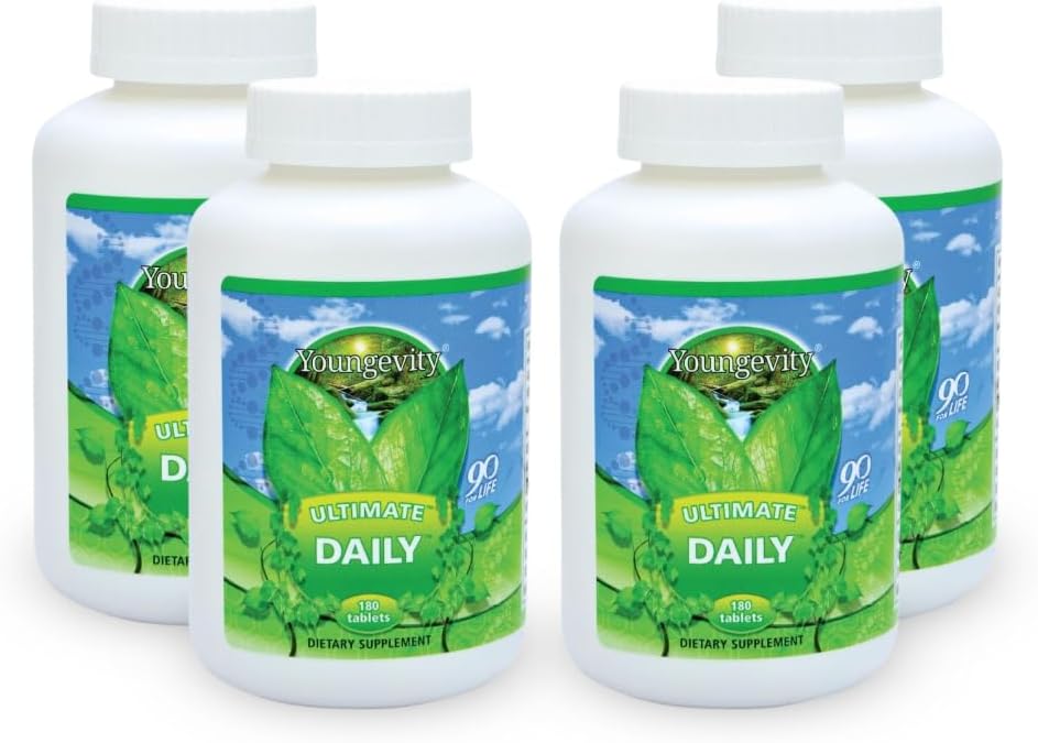 Youngevity Ultimate Daily Mega Multivitamine - 20+ Vitamines et minéraux avec CoQ10 - Vitamines A, C, D, E, Zinc, Folate, Sélénium, Calcium, Chromium et plus - Absorption élevée 180 comprimés (paquet de 4)