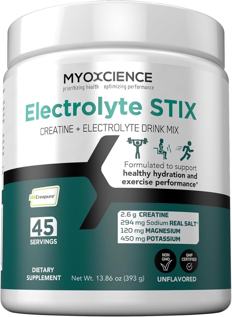 MYOXCIENCE Électrolyte STIX=Créatine Poudre Électrolyte=Créatine Récupération de l'exercice et du développement musculaire avec/Véritable sel (non aromatisé) (Jar 45 ct)