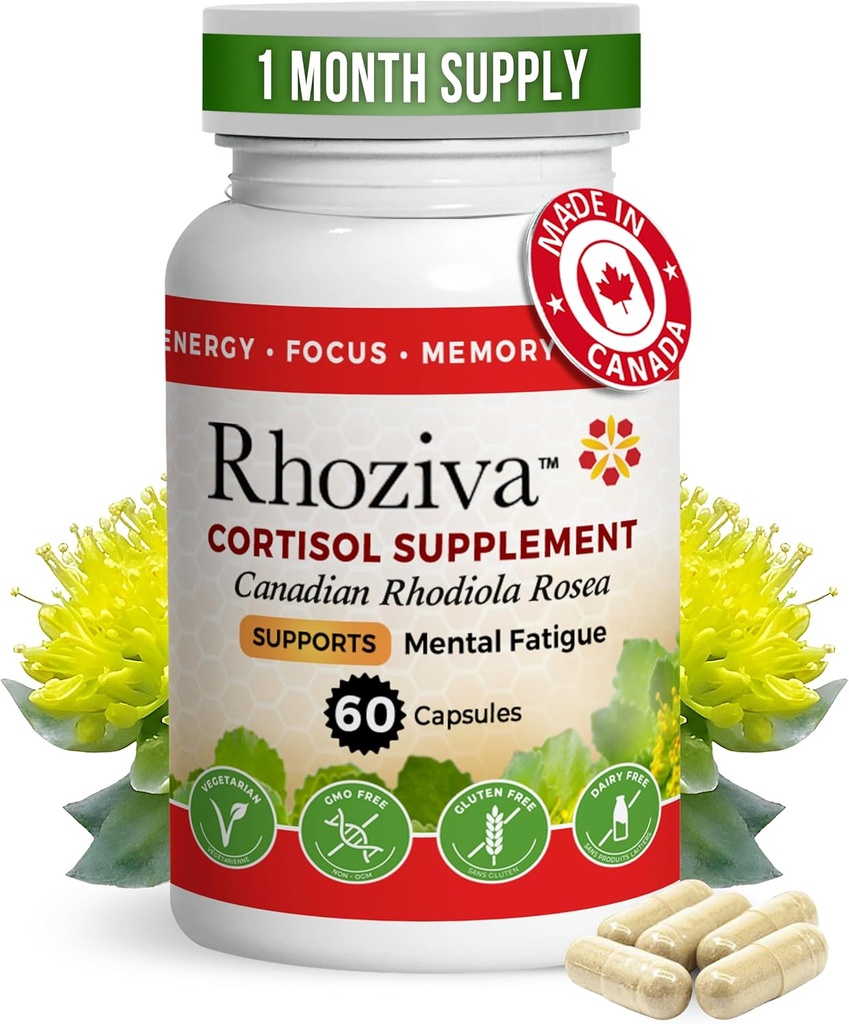 Supplément Rhodiola Rosea - Supplément Cortisol, extrait de racine 5:1 pour focus, mémoire, calmant et soulagement du stress, non-OGM, sans gluten, avec vitamines et minéraux - 60 capsules
