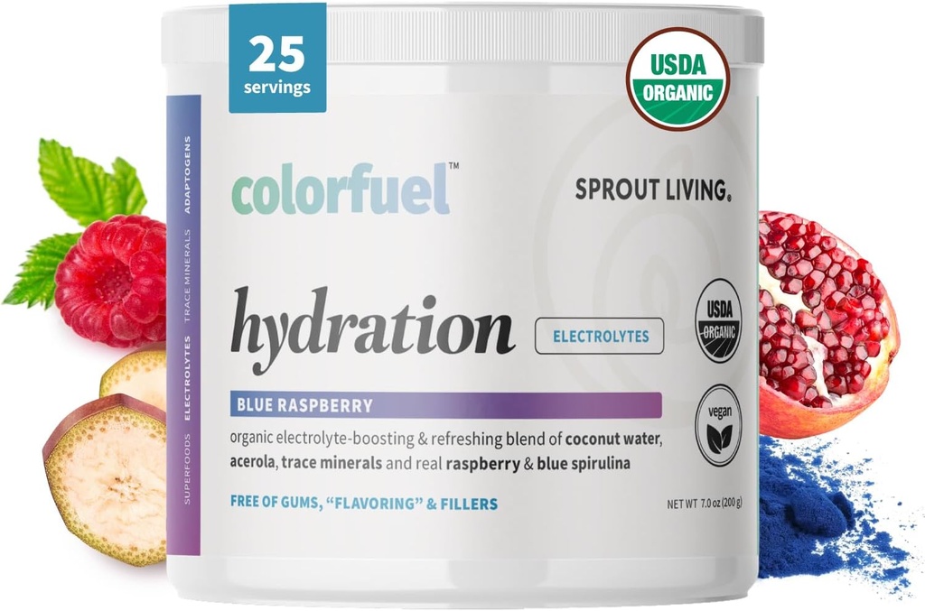 Sprout Living, Colorfuel Hydratation poudre boisson mélange, bio Superfoods + adaptogènes. Hydratation et récupération, électrolytes, sel rose himalayen, spiruline bleue, parfum de framboise bleue (25 portions)