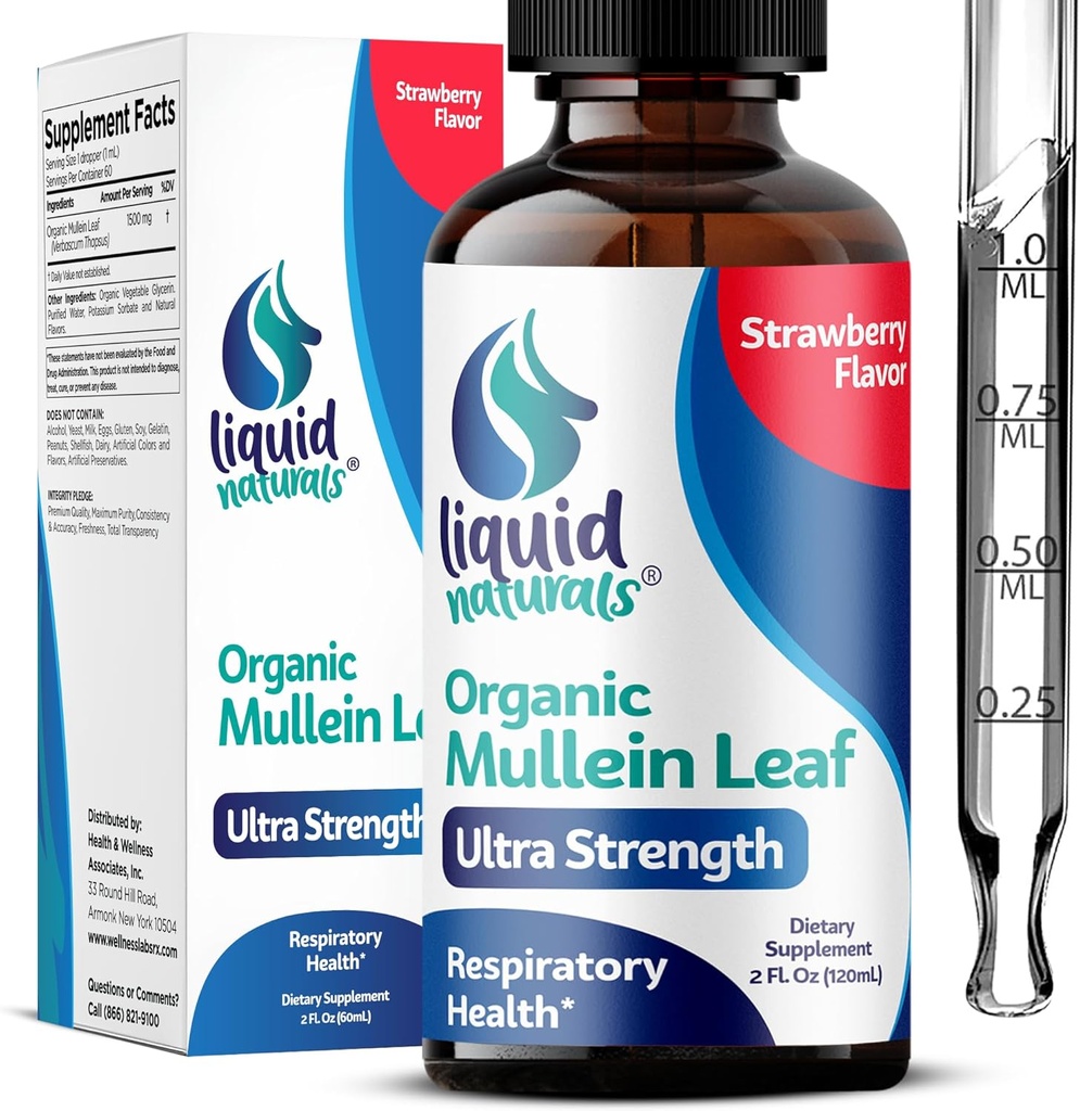 Gouttes Mullein pour les poumons, 2 Fl. Oz, Mullein Leaf Extract pour les poumons Fraise Flavor, Mullien Lung Detox et Cleanse, Mullen Teincture Support pour la respiration saine