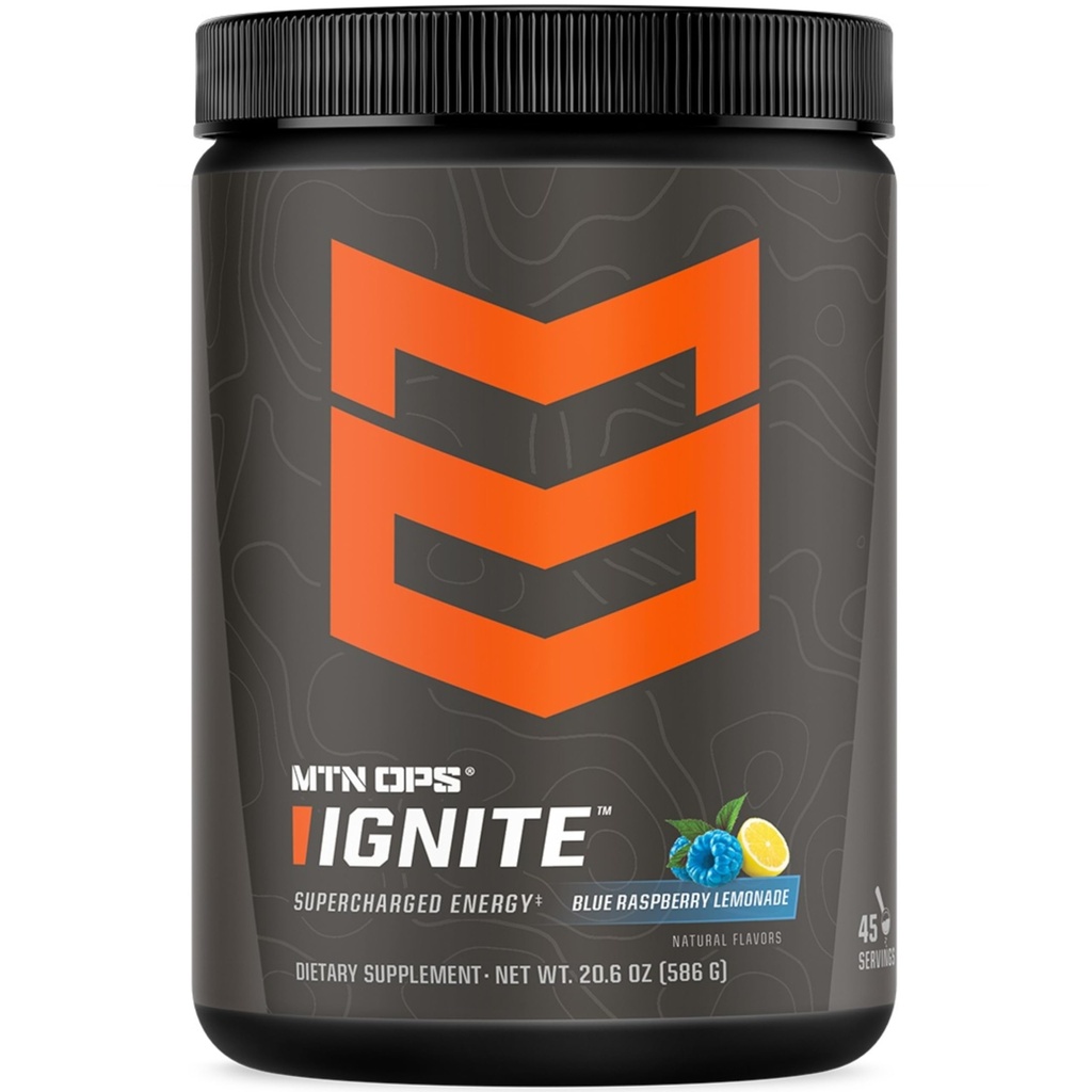 MTN OPS Ignite Energy Drink Poudre, Sans gluten Nootropic Supplément Drink Mix, L Arginine, L Citrulline, Caféine et Nootropic Sugar Drink Free Mix, 45 portions, Blue Raspberry Lemonade