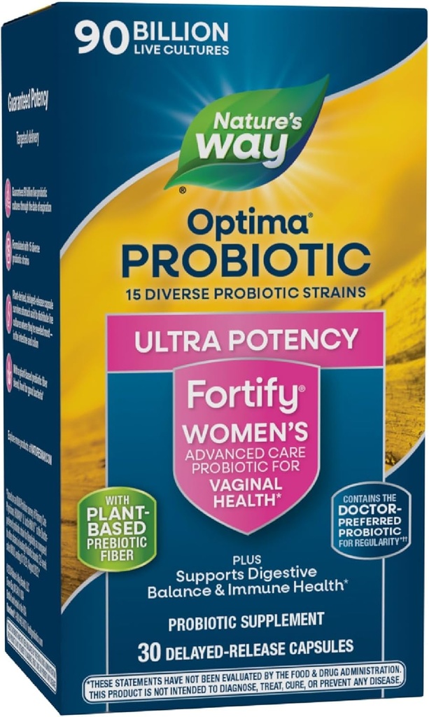 Nature's Way Fortify Optima Probiotic for Women, Ultra Potency Probiotic for Vaginal Health*, 90 Billion Live Cultures, Supports Digestive Balance and Immune Health*, 30 Capsules (Packaging May Vary)