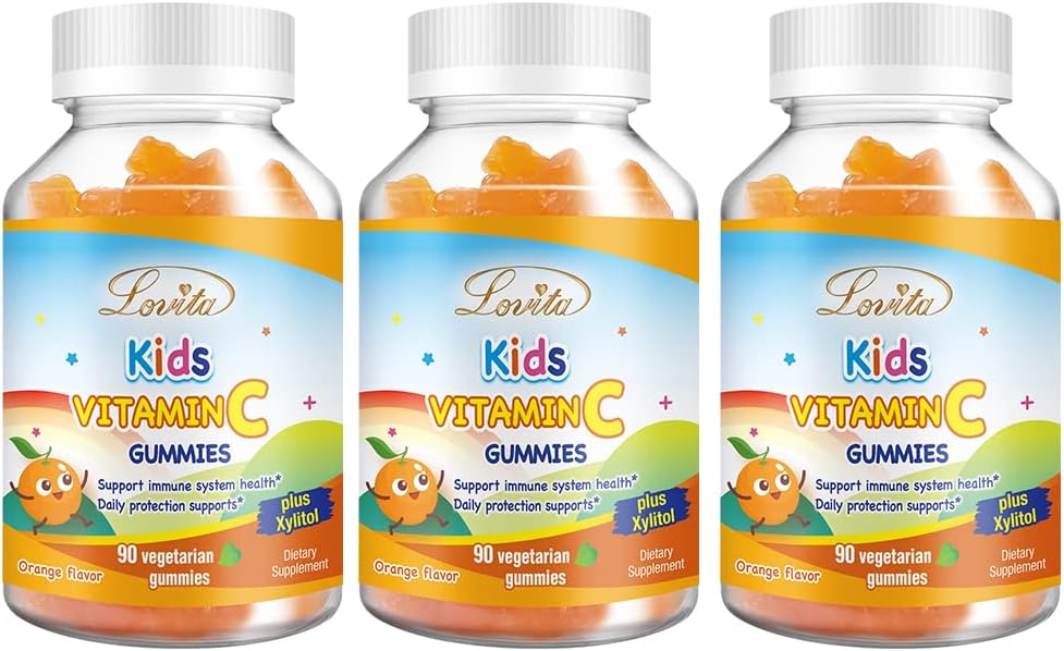 Lovita Vitamine C Vegan Gummies pour les enfants, Grande Formule à base de plantes de dégustation, Soutien de la fonction immunitaire avec la vitamine C 150mg par jour portions et Xylitol, naturel orange aromatisé, 90 Gummies (paquet de 3)