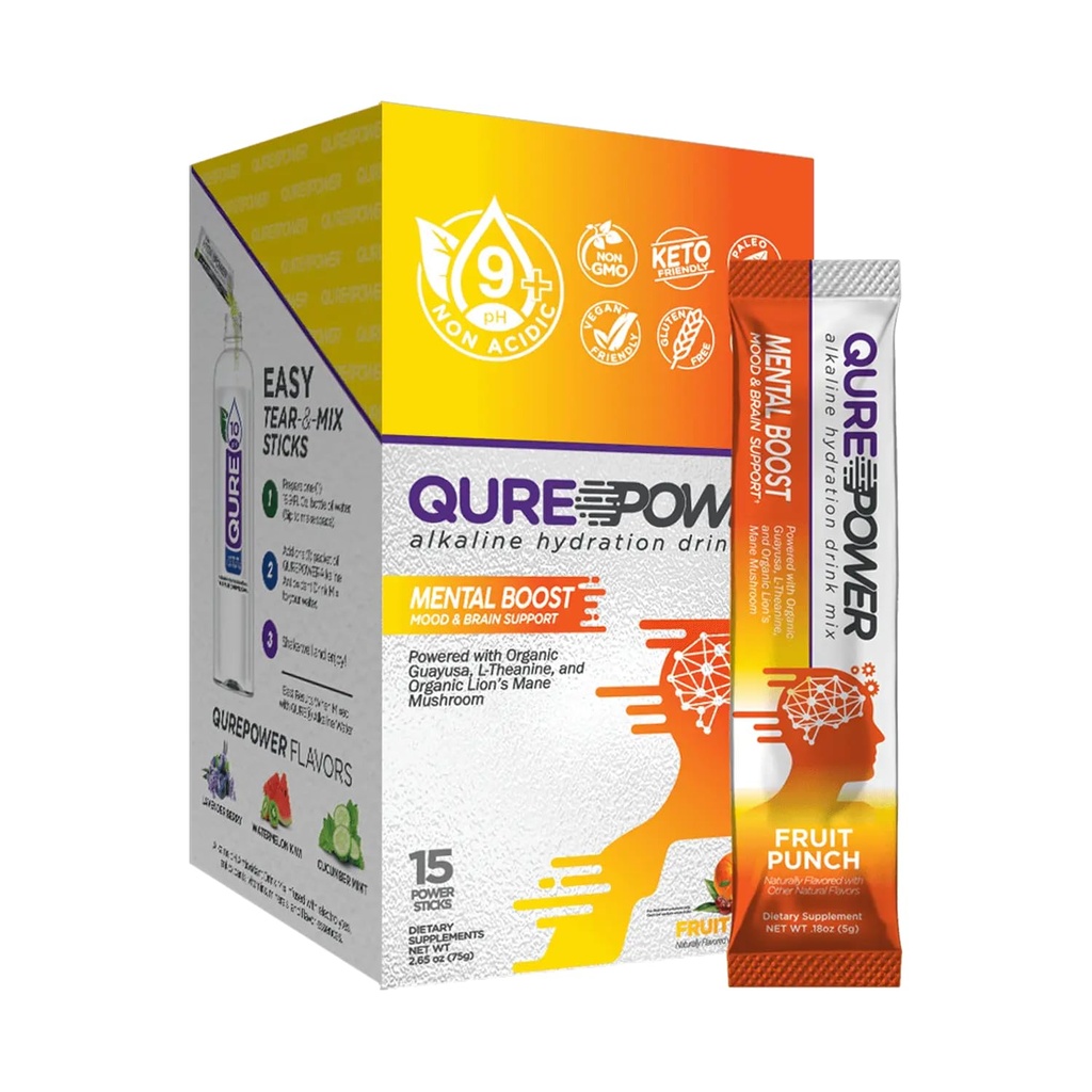 QURE Power Mental Boost for Focus and Mental Clarity, Alkaline Nootropic Brain Support with Organic Guayusa, Organic Lion’s Mane Mushroom, L-Theanine, Caffeine -15 Easy Open Sticks, Made in the USA