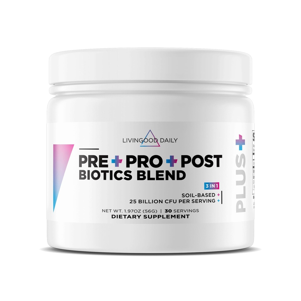 Livingood Daily Pre Pro Post Biotics mélange poudre, supplément de santé digestive avec les prébiotiques de l'inuline bleue agave biologique, SBO probiotiques, probiotiques pour les femmes et les hommes, non OGM, végétalien, 30 portions
