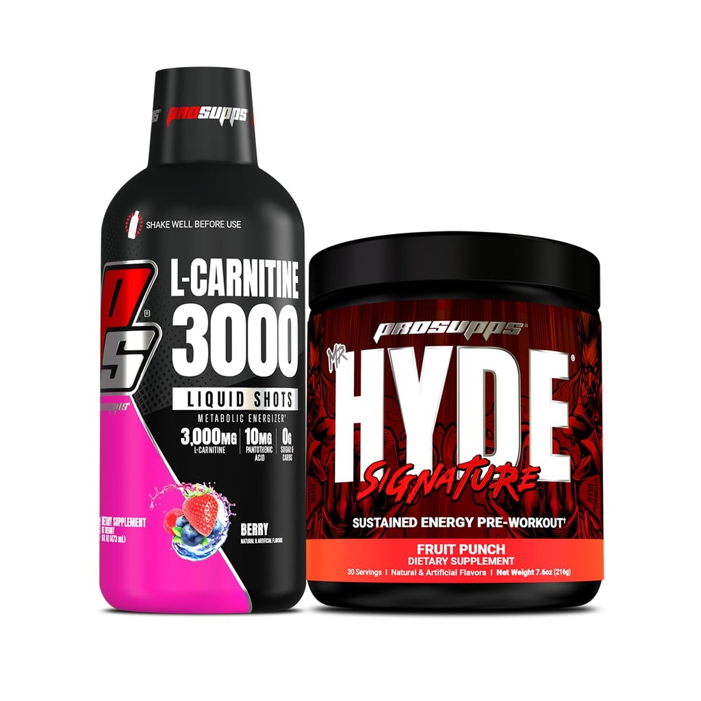 PROSUPPS L-Carnitine 3000 Stimulant Free Liquid Shots (Berry) et M. Hyde Signature Série Pré-entraînement Consommation d'énergie en poudre (Fruit Punch)