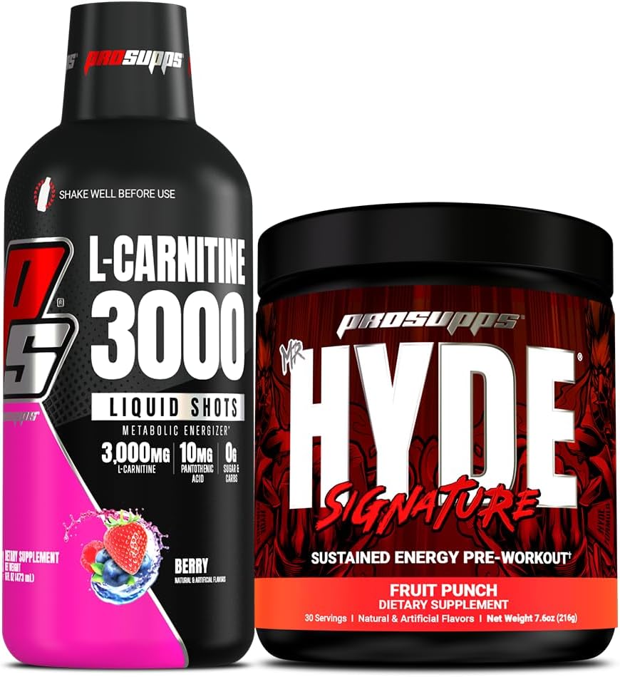 PROSUPPS L-Carnitine 3000 Stimulant Free Liquid Shots (Berry) et M. Hyde Signature Série Pré-entraînement Consommation d'énergie en poudre (Fruit Punch)