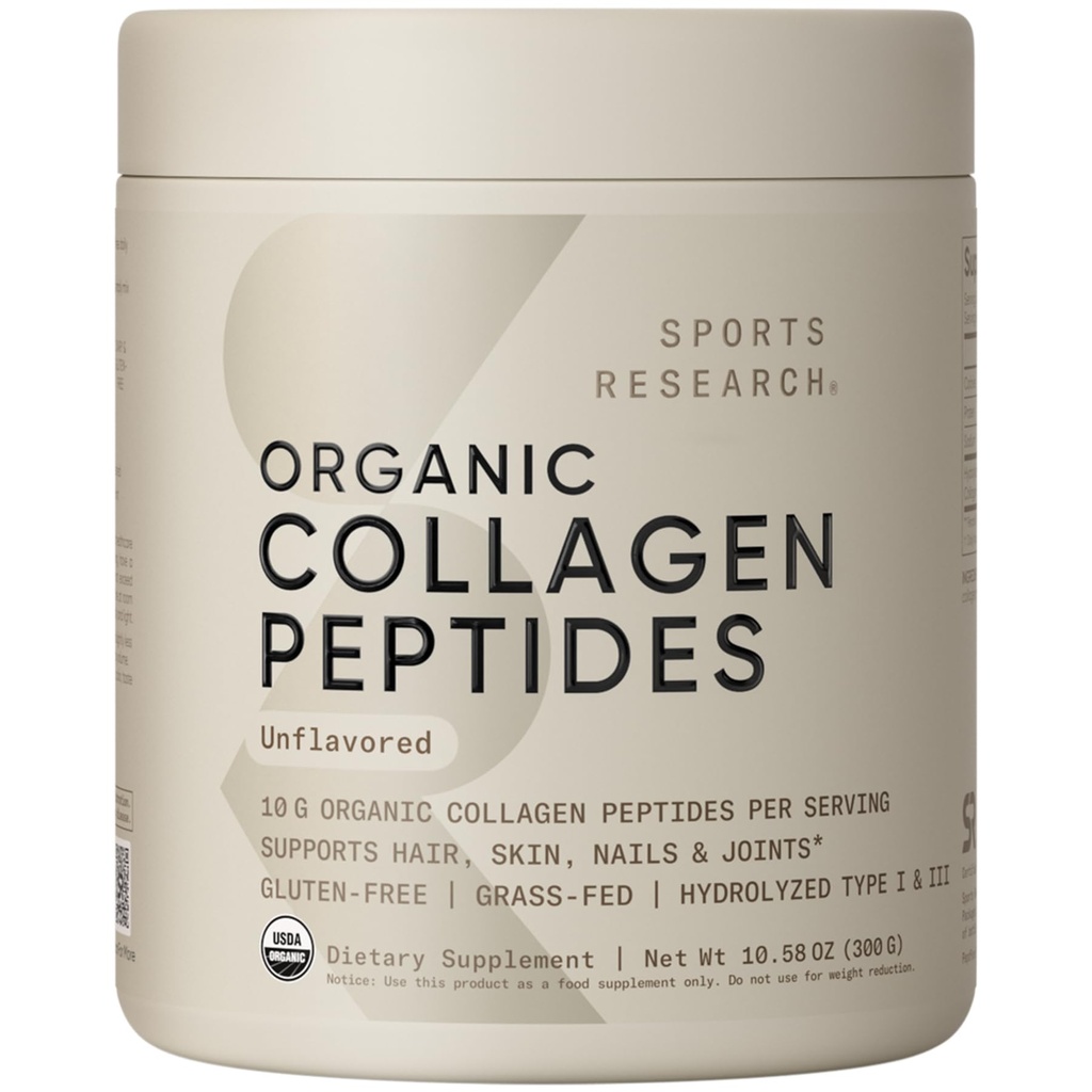 Sports Research® Organic Collagen Peptides - Hydrolyzed Type I & III Collagen Protein Powder Made Sustainably from Grass-Fed Cows - USDA Organic· Non-GMO · Gluten Free - Unflavored, 30 Servings
