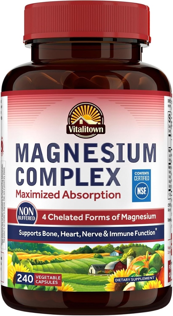 Supplément complexe de magnésium Vitalitown 500mg, absorption maximale, glycinate de magnésium chélaté certifié NSF, malate, taurate et citrate pour le sommeil, l'énergie et le cœur, végétalien, non-OGM 240 capsules