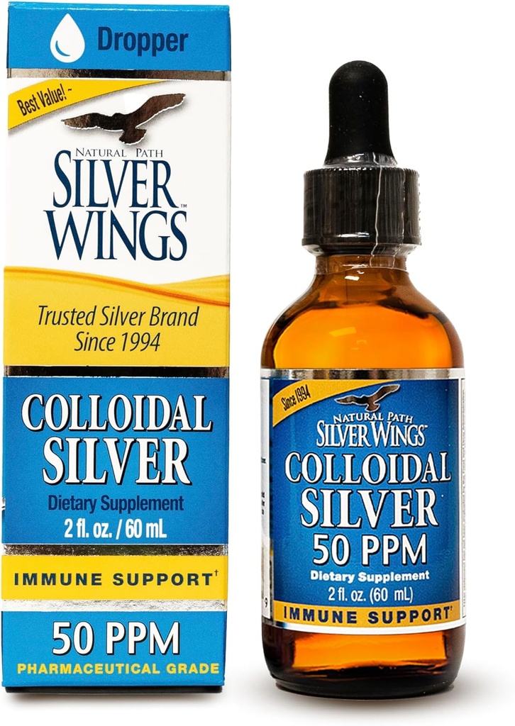 Natural Path Silver Wings Colloidal Silver 50ppm (250mcg) Immune Support Supplement 2 fl. oz. Dropper