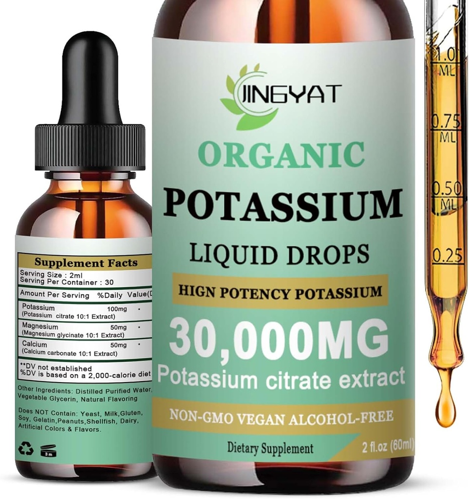 Pertes liquides de magnésium de potassium - Supplément liquide organique - Citrate de potassium à haute absorption 1000mg Glycinate de magnésium 500mg Calcium pour le coeur, Crampons et muscles - Non-OGM, Vegan, 2 oz