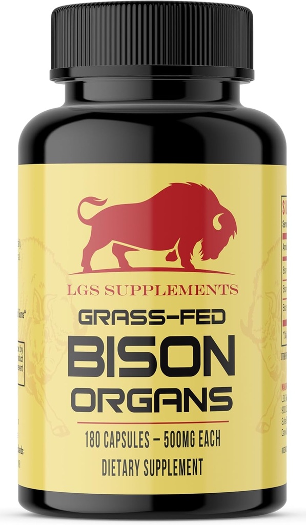 Supplément d'organe de bison de la Fed d'herbe, soutient le bien-être du corps entier avec mélange propriétaire de foie, coeur, rein, bison séché au gel, non-OGM, 180 capsules