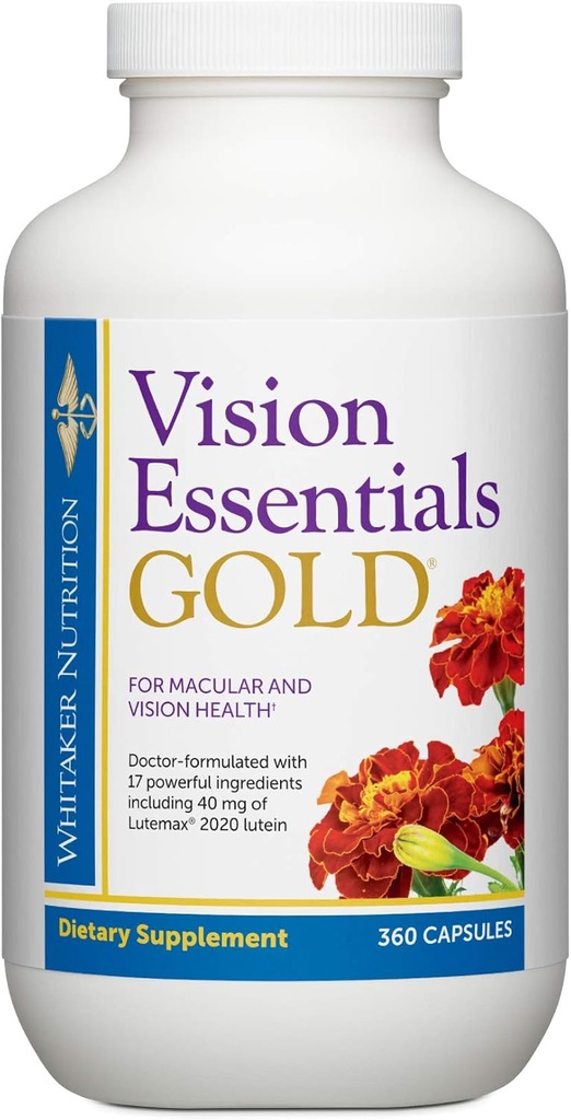 Dr Whitaker Vision Essentials Gold - Supplément santé oculaire avec 40 mg de Lutéine Plus Vitamine A et Zeaxanthin - soutient la santé maculaire et les boucliers Yeux contre l'exposition à la lumière bleue (360 capsules)