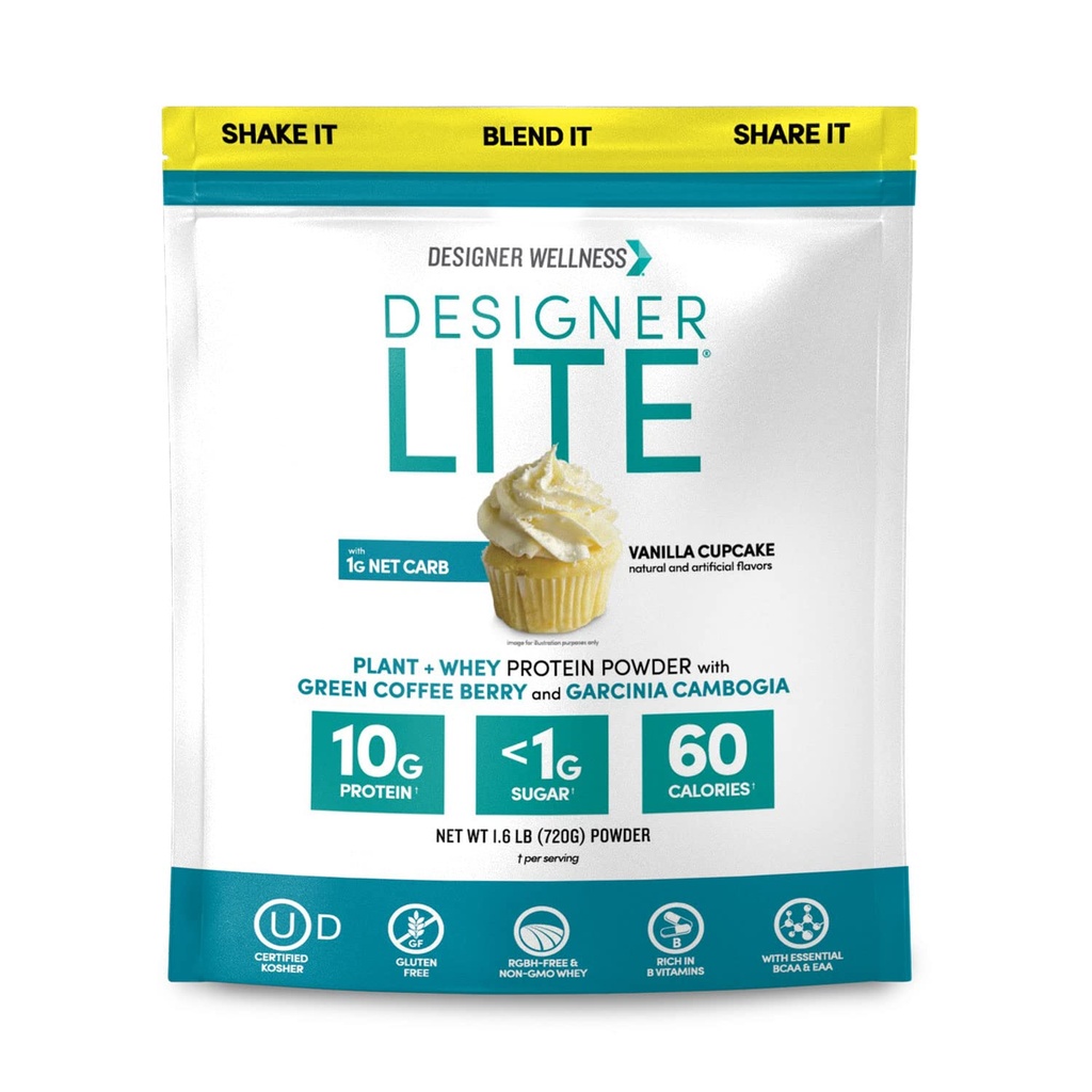 Designer Wellness, Designer Lite, Protéines naturelles à faible teneur en calories, Fibre prébiotique, Vitamines et minéraux clés, Cupcake Vanilla, 25.6 Ounces
