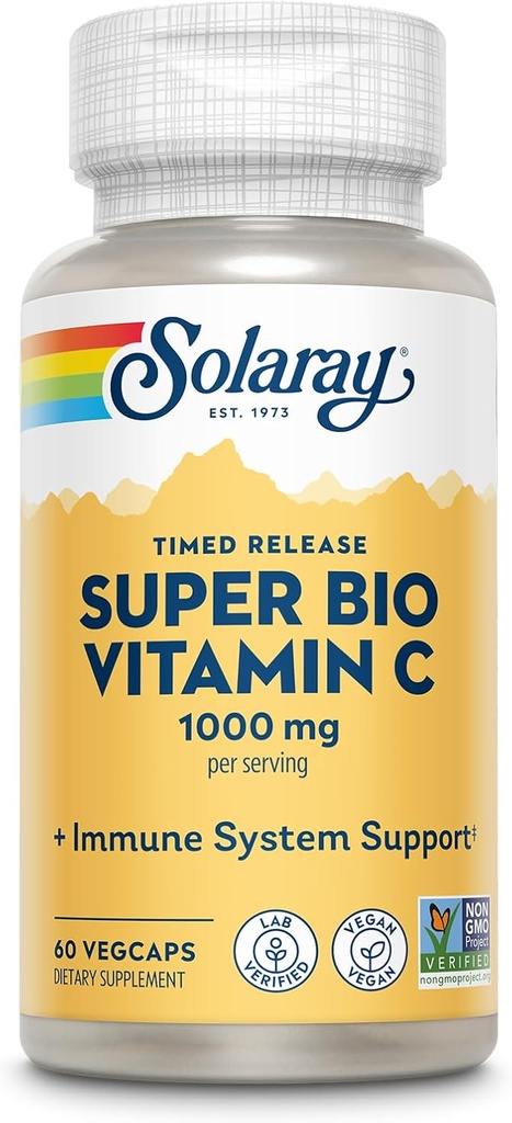 SOLARAY Super Bio vitamine C tamponnée 1000mg, deux niveaux, libération à temps vitamine C avec bioflavonoïdes, supplément de soutien immunitaire - haute absorption, végétalien, garantie 60 jours, 30 portions, 60 VegCaps