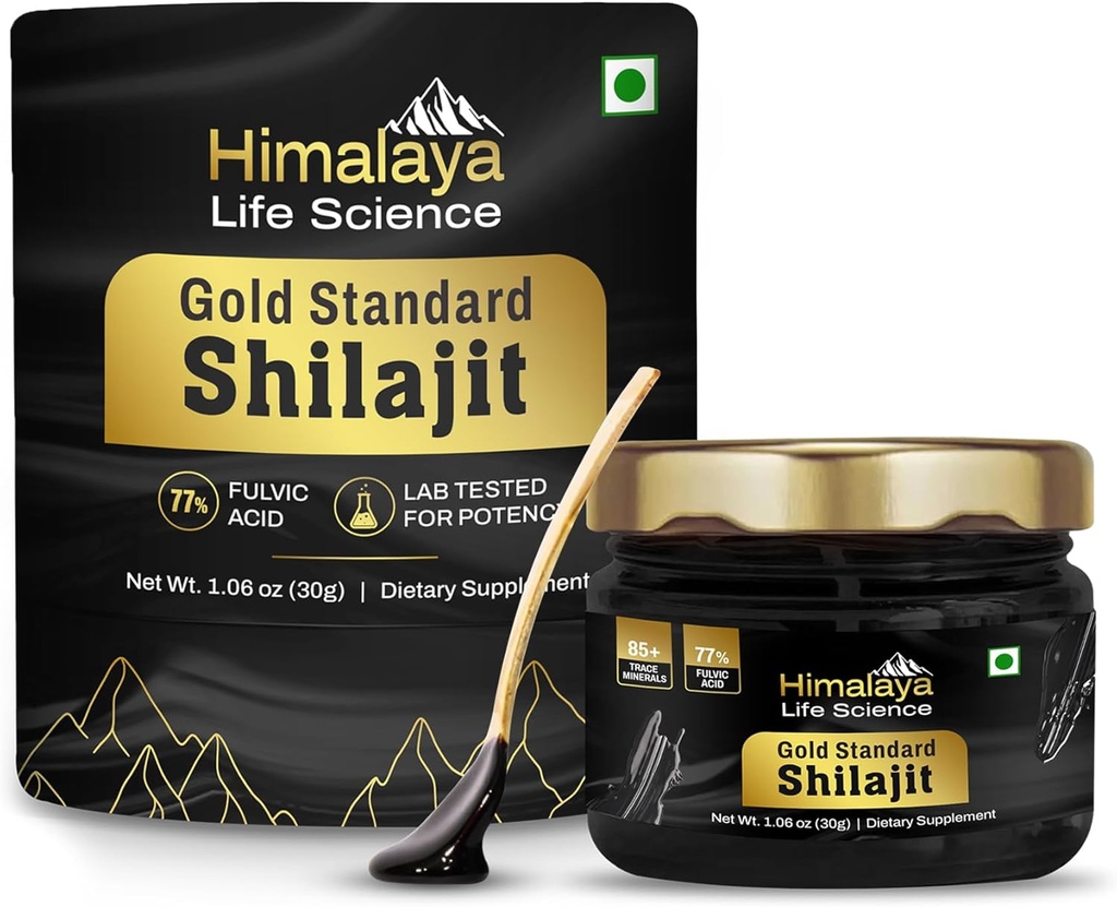 Pure Shilajit Résine de la plupart Potent Shilajit de l'Inde, Grade d'or pour les hommes et les femmes, 75 services pour stimuler l'énergie, 85+ Trace Minerals, 77% acide fulvic, laboratoire testé, 30g