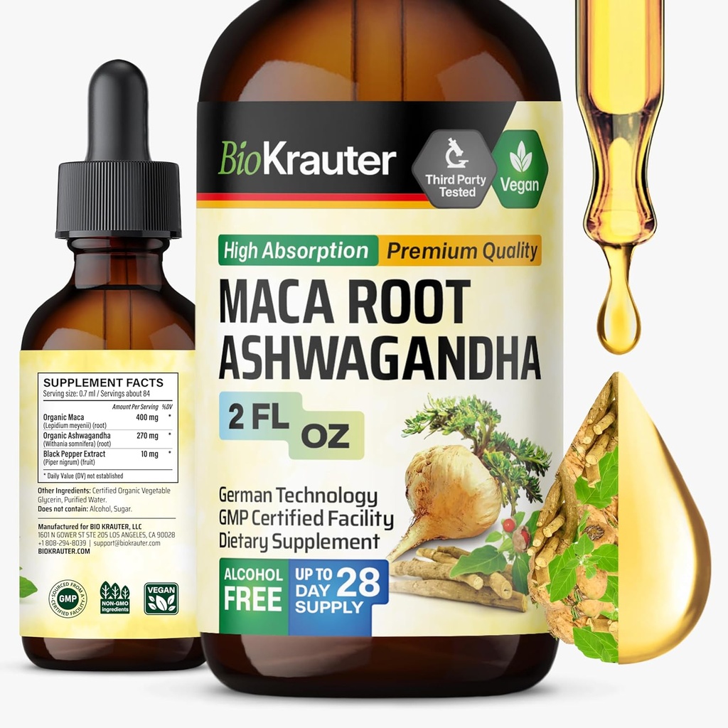 BIO KRAUTER Maca Root and Ashwagandha Teinture - Maca & Ashwagandha Suppléments pour hommes et femmes - Supplément liquide pour le soutien de l'humeur - Sans alcool et sans sucre - Vegan gouttes 2 Fl.Oz.