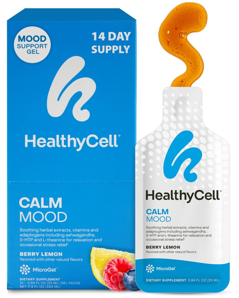 Healthycell Calm Mood Daily Liquid Supplement - Cortisol Manager & Mood Support Supplément pour le stress avec Ashwagandha, L-Theanine, Magnésium, 5-HTP, GABA & Safran - 14 Gel Packs
