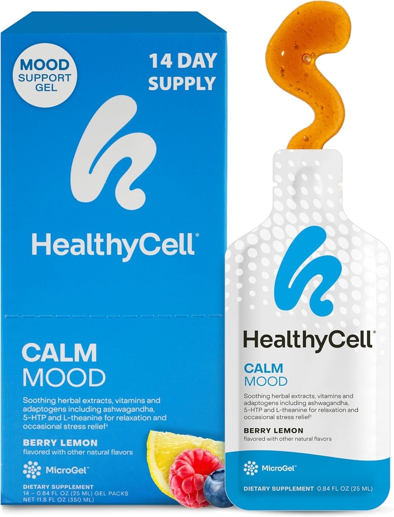 Healthycell Calm Mood Daily Liquid Supplement - Cortisol Manager & Mood Support Supplément pour le stress avec Ashwagandha, L-Theanine, Magnésium, 5-HTP, GABA & Safran - 14 Gel Packs