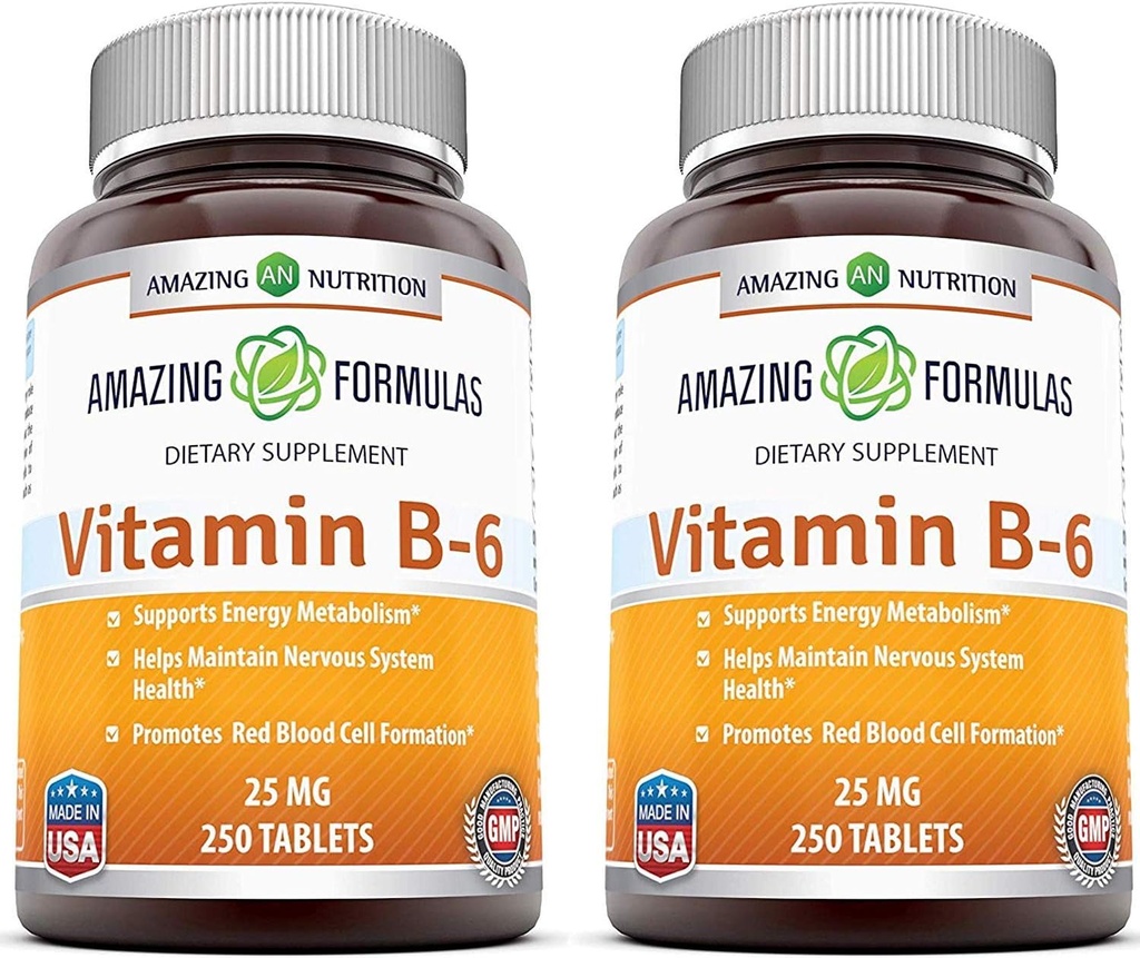 Formules étonnantes Vitamine B6 Pyridoxine 25mg 250 Comprimés Suppléments de non-OGM (sans gluten) Fabriqués aux États-Unis (2 Pack)