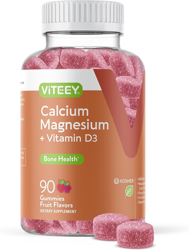 Gommies de calcium Viteey avec vitamine D3 et supplément de magnésium pour la santé des os - Suppléments de calcium à croquer pour les femmes et les hommes - Sans gluten, sans OGM - 90 Nombre