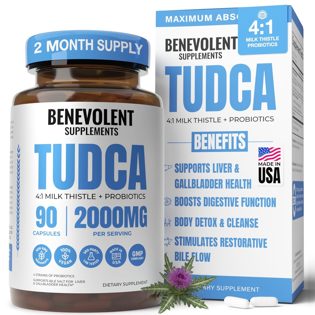 2000mg Supplément TUDCA avancé - Max Absorption TUDCA Sels Biles avec 4:1 Thistle de lait et probiotiques - Supports foie Détox et nettoyage, Gallbladder, Gut et santé rénale - 90 Capsules Vegan