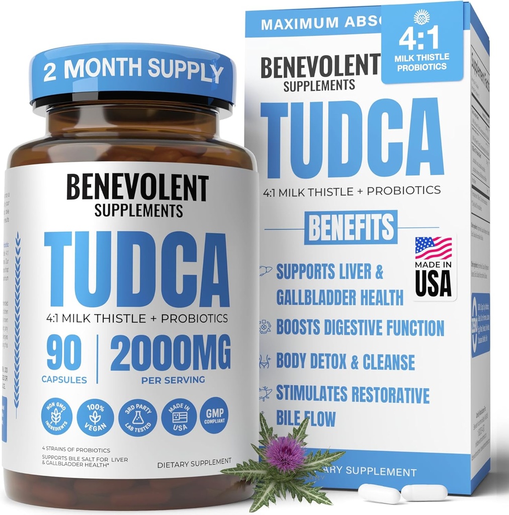 2000mg TUDCA Bile Salts Complement Complex (complexe de supplément de sel) soutient le foie Détox & Cleanse, Gallbladder, Gut & Rein Health (santé) 4:1 Thistle de lait + Probiotiques pour Max Absorption
