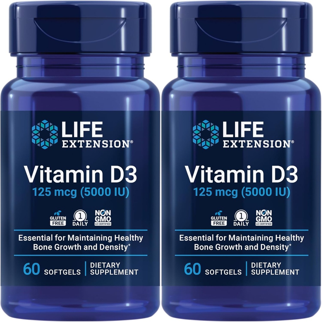 Extension de vie Vitamine D3 125 Mg (5000 Iu) – Promotion de la santé osseuse, de la santé cérébrale et de la fonction immunitaire – Non-OGM – Sans gluten – Deux paquets – 2 x 60 Softgels