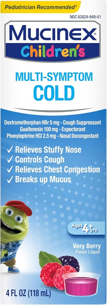 Mucinex Children's Multi-Symptom Cold Relief Liquid- Relieves Stuffy Nose, Chest Congestion, Cough & Mucus, Expectorant & Cough Suppressant with Dextromethorphan, Guaifenesin, Phenylephrine, 4 oz.