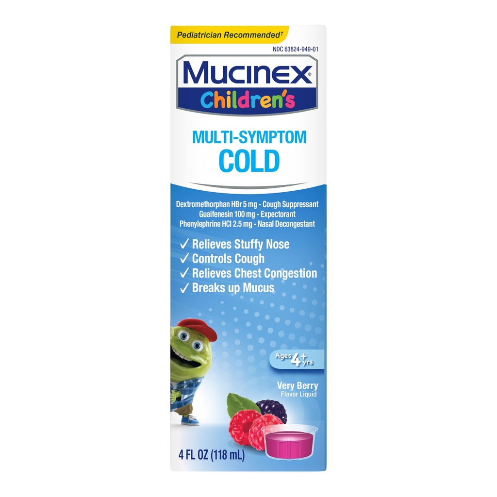 Mucinex Enfants multisymptômes Cold Relief Liquid Relief Stuffy Nez, Congestion thoracique, Toux et mucus, Expectorant et Toux Suppresseur avec Dextrométhorphane, Guaifenesine, Phénylephrine, 4 oz.