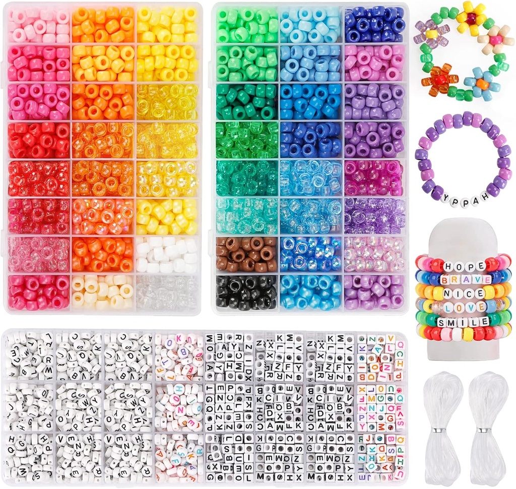 Quefe 3960pcs Perles de poney pour bracelet d'amitié Making Kit 48 couleurs Kandi Perles ensemble, 2400pcs plastique en vrac arc-en-ciel et 1560pcs perles de lettre avec 20 mètres fils élastiques pour collier de bijoux d'artisanat
