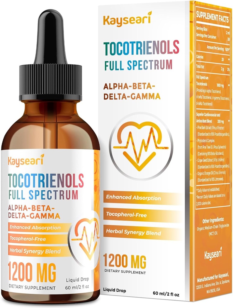 Spectre complet de tocotriénols Supplément 1200mg- Tocotriénol Vitamine E Liquide, Sans tocophérol - Mélange d'antioxydant supérieur - Absorption plus élevée - 2 fl oz,30 portions