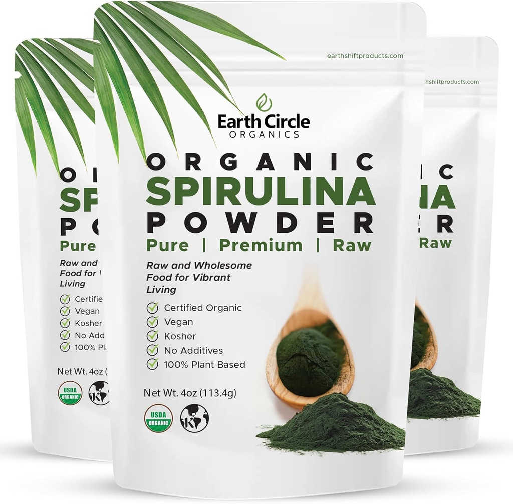 Earth Circle Organics Spiruline poudre, casher, cru et non irradié. Protéines végétales pures Superfood premium, riche en acides aminés et antioxydants - 4 once (3 paquets)