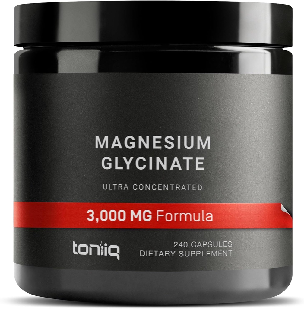 Toniiq 3 000mg Glycinate de magnésium ultra-haute résistance - 20% Purifié pour contenir 600mg de magnésium élémentaire - Supplément de magnésium chélaté et biodisponible - 240 Capsules de Veggie