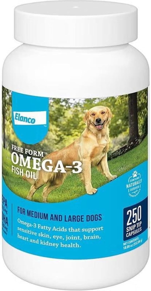 Conseils de coupe de forme libre Oméga-3 Huile de poisson Supplément liquide pour chiens moyens et grands, 250 Nombre