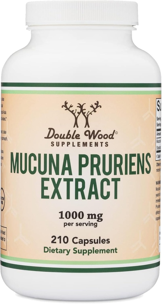 Mucuna Pruriens Extrait Capsules - Supplément de stimulation de la dopamine - 210 Compte, 1 000 mg par portion, 20 % (du haricot Velvet) (pour le soutien de l'humeur et de la motivation) Tiers testés par le double bois