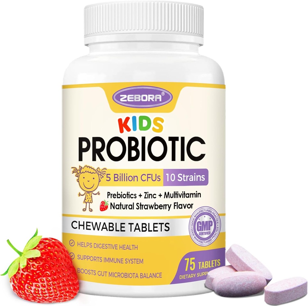 Chewables probiotiques pour enfants pour la santé digestive avec 5 milliards d'UFC, prébiotiques et probiotiques pour les enfants pour la santé de Gut, soutien immunitaire, absorption des nutriments, vitamine C, zinc, 75 portions