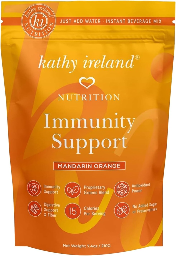 kathy Ireland Immune Support Poudre, Wellness Booster, Supplément Immunity Defense avec Vitamine C, D, Zinc & Elderberry, Mélange de boisson instantanée, Orange mandarine, 7,4 oz