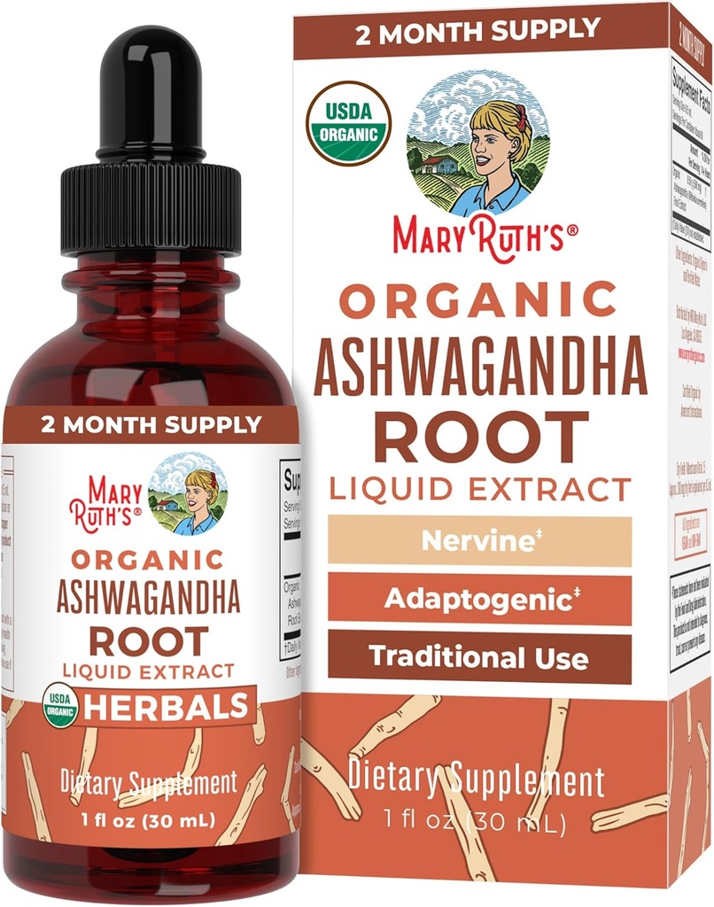 MaryRuth Organics Ashwagandha Racine de l'USDA Organic Ashwagandha Liquid Drops Relief, Natural Calm, Relaxation and Mood Support Supplement Adaptogenic, Nervine