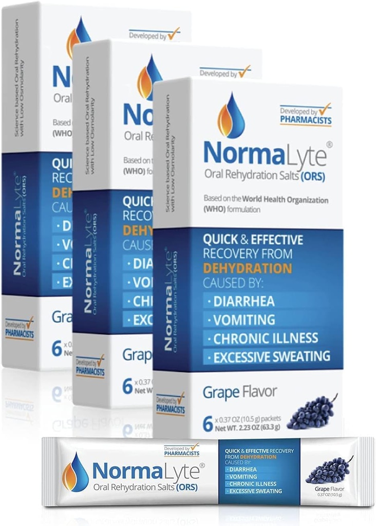 NormaLyte Oral Rehydration Salts-18 Sticks Packs (rends 500mL par paquet)-Grapes de suppléments d'énergie, supplément de potassium, récupération de déshydratation et absorption rapide