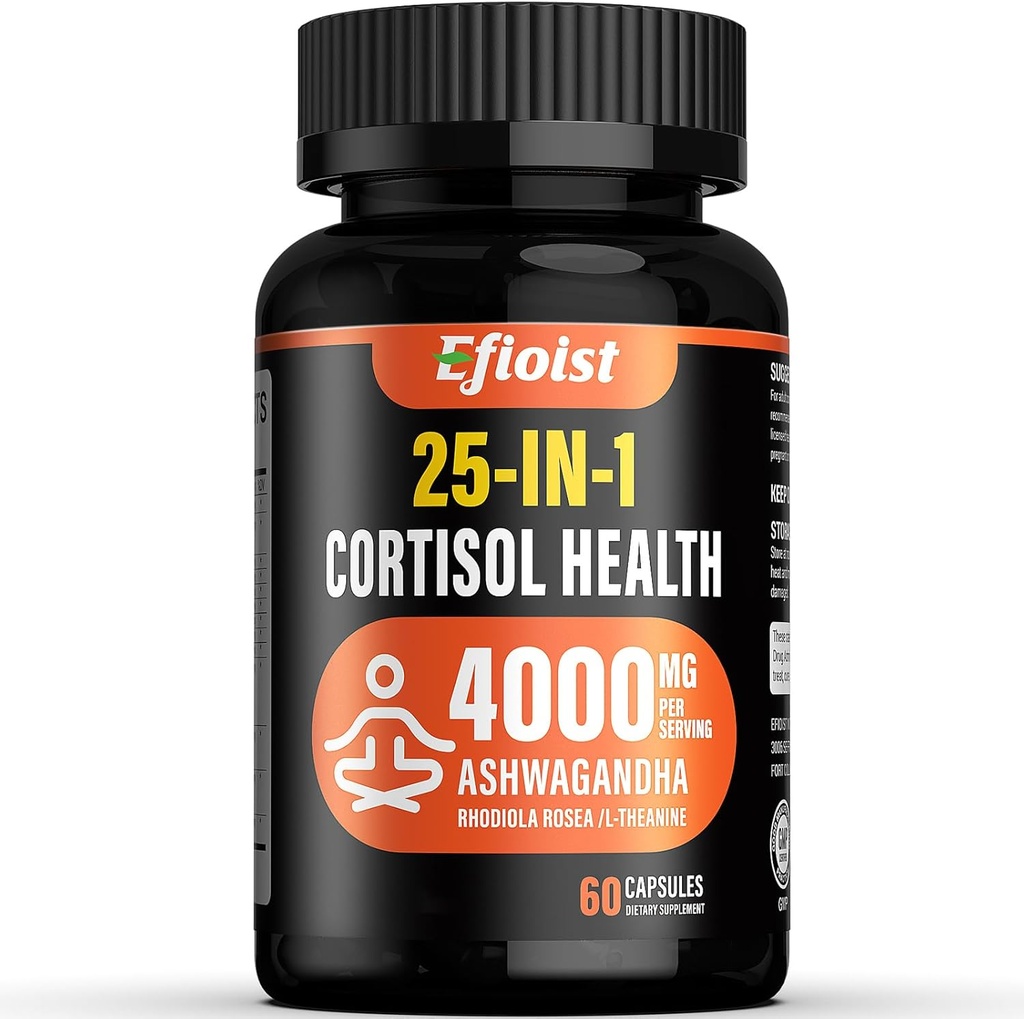 Supplément de cortisol santé, 25-en-1 Réducteur de cortisol pour les femmes et les hommes, Suppléments de cortisol pour Ashwagandha, Rhodiola Rosea, L-Theanine, pour l'humeur, Focus, Soutien au sommeil, 2 Capsules