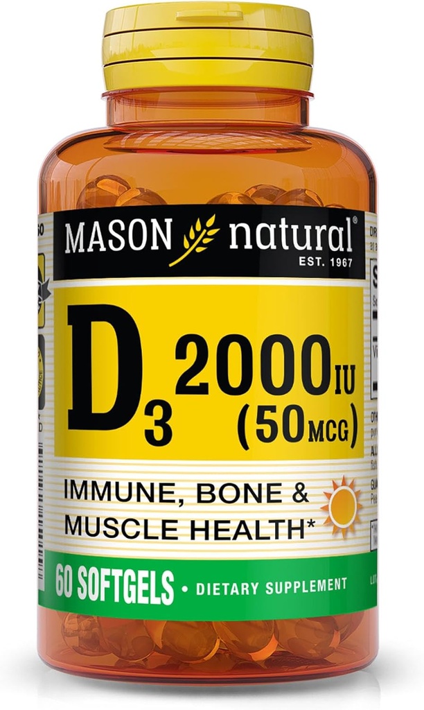 MASON NATURAL Vitamine D3 2 000 UI Ultra Strength, soutient la densité osseuse, la force et la santé immunitaire, 60 Softgels