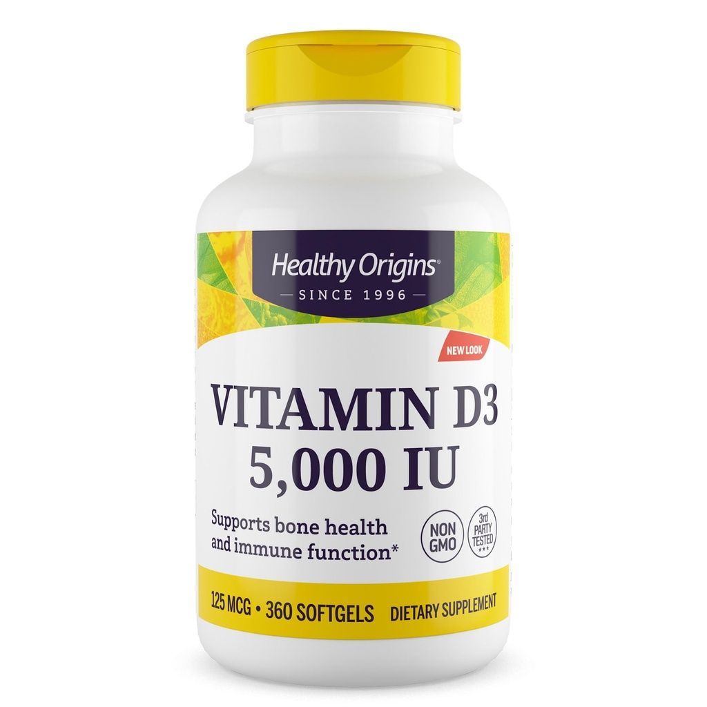 Origines saines Vitamine D3 (Lanoline) 5 000 UI de softgel - Supplément de soutien pour la santé des os et l'immunité - Suppléments de vitamine D facilement absorbants - Supplément de vitamine D3 sans gluten - 360 softgels