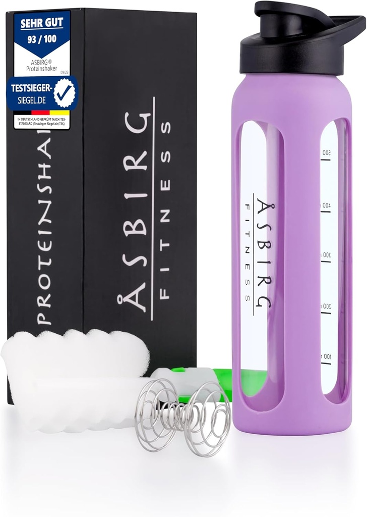 Fitness | 24 oz Glass Protein Shaker Bottle – BPA-Free, Leakproof Lid, Stainless Steel Mixing Ball & Silicone Sleeve – Gym Shaker for Smoothies, Shakes & Pre-Workout – Pastel Purple