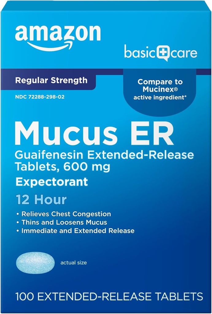 Amazon Basic Care Guaifenesin Cough and Mucus Relief Extended-Release Tablets, 600 mg, 12 Hour Expectorant Caplet 100 Count